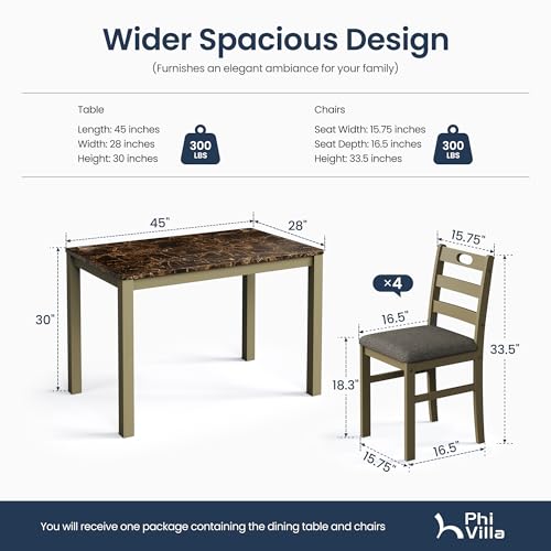 PHI VILLA Dining Table Set for 4, Marble Design Kitchen Table and Chairs - color: Emperador Dark Marble& Olive
