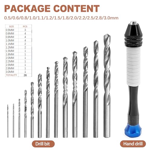 QivaZira 26 Pcs Precision Pin Vise Hand Drill Set Mini Micro Manual Rotary Tools with Twist Drill Bits for Resin Molds Plastic Wood DIY Craft Hobby Model Building Woodworking Accessory Kit