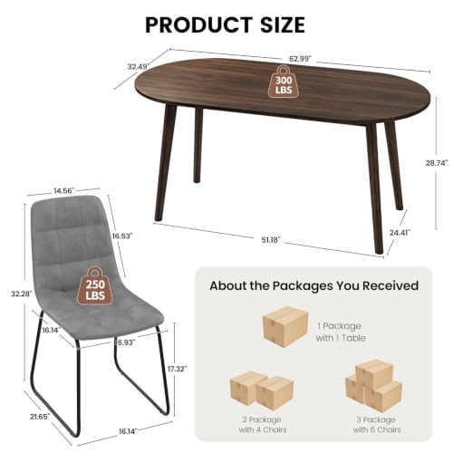 63" Oval Dining Table Set for 4 with Solid Wood Legs - color: Walnut Table C-grey Chairs