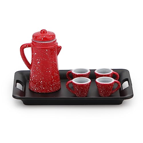 Dollhouse Miniature Spotted Coffee Pot with 4 Cups and Tray Kitchen Accessories 1:12 Scale Appliance Model Japanese Model Dollhouse Ornament Accessories (RED) - color: Red