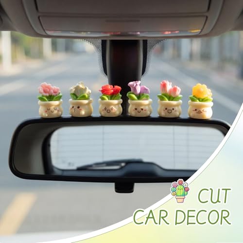 Ripeng Set of 8 Car Dashboard Decorations Flowers Cute Car Accessories for Women Mini Flower Pot Vehicle Interior Decor with Double Sided Tape for Rearview Mirror Dashboard - style: Elegant