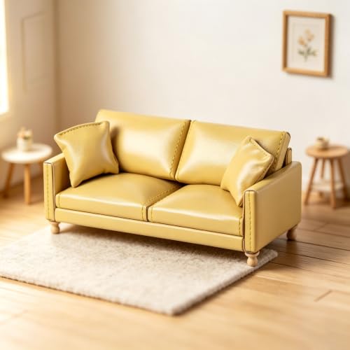1:12 Dollhouse Leather Double Sofa&Pillows, Living Room Accessories Decor - color: Yellow