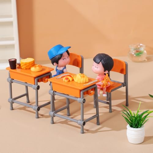 Toddmomy Dollhouse Desk and Chair Set 4 Miniature School Desks and 4 Chairs Mini House Furniture for Dollhouse School Model Classroom Decor Office Display Tiny Furniture Miniatures