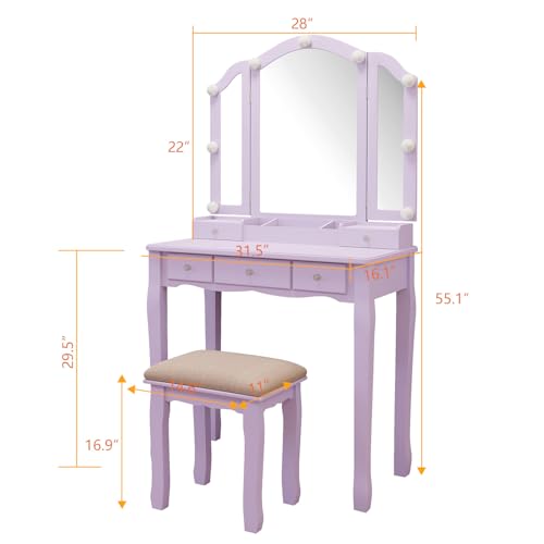 Purple Vanity Desk with Mirror and Lights Purple Vanity for Girls Makeup Vanity Desk with Lights Vanity Table with Lighted Mirror Make Up Vanity Desk with Drawers and Chair Set - style: Purple