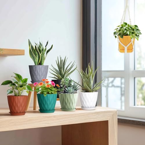 Meowell 7 inch Plant Pots for Indoor Outdoor Plants, 5 Pack Thick Flower Pots with Drainage Holes and Saucers, 3D Modern Wave Texture Plastic Planter Pots for Nursery and House Plants, Blue Green - color: Blue Green, size: 7 inch 5 pieces