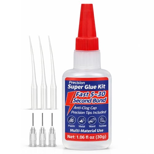 Precision Super Glue Kit, 1.06 fl oz (30g) — CA Glue with Anti-Clog Cap, 3 Metal Applicator Tips & 3 Extension Tubes — Fast-Setting Instant Adhesive for Plastic, Metal, Ceramic, Wood, Rubber & DIY