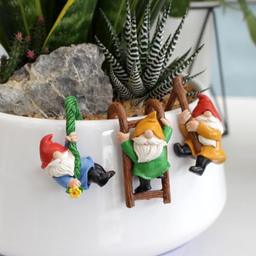 Set of 3 Cute Climbing Gnome Figurines Flower Pot Hugger, Resin Hanging Gnomes Statue Outdoor Decor Fence Ornaments for Patio Lawn Garden Yard - color: Multicolor