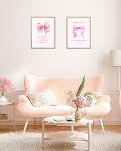 HesenDot Pink Bow Oak Framed Christian Wall Art, James 1:17 Canvas Print - color: Pink Bow James 1:17