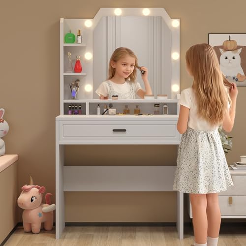 Makeup Vanity with Mirror with Lights for Girls White Lighted Vanity Desk Small Makeup Vanity Table Set with Storage Drawers 3 Lighting Modes & Adjustable Brightness - style: New White