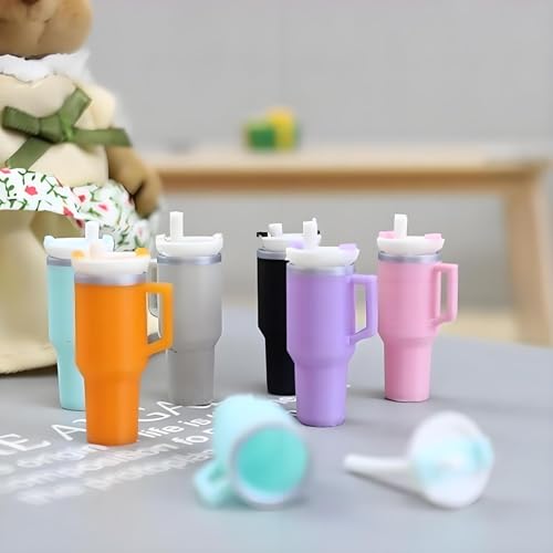 6 Pcs Miniature Drink Tumblers with Detachable Lid & Straw – Realistic 1/12 Scale Dollhouse Thermal Cups, Multi-Color Set for DIY, Micro Fairy Garden,Office Display & Collectible Mini Ornaments