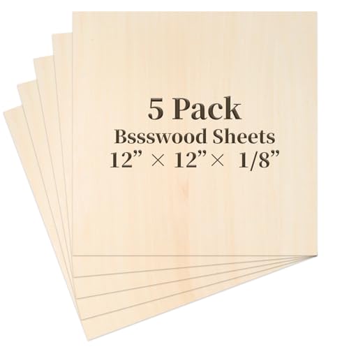 Balsa Wood, Plywood Sheet, Unfinished Basswood Blanks, 12×12×1/8 in, 5 Pcs - size: 5 Pack -12X12X1/8 Inch
