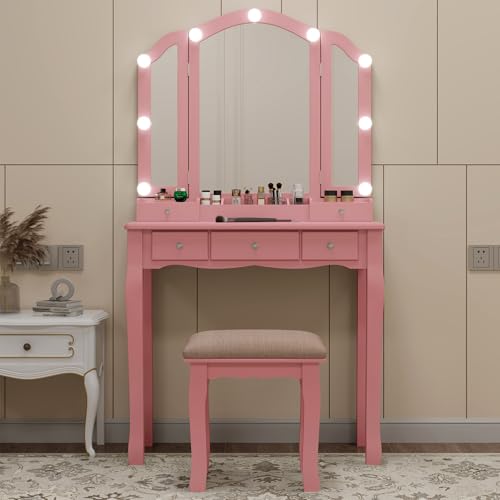 Pink Vanity Desk With Mirror And Lights For Girls Makeup Vanity Desk With Chair Vanity Table And Stool Set With 5 Storage Drawers 3 Colors Lighting Modes Tri Fold Vanity Mirror Lighted Vanity - style: Pink