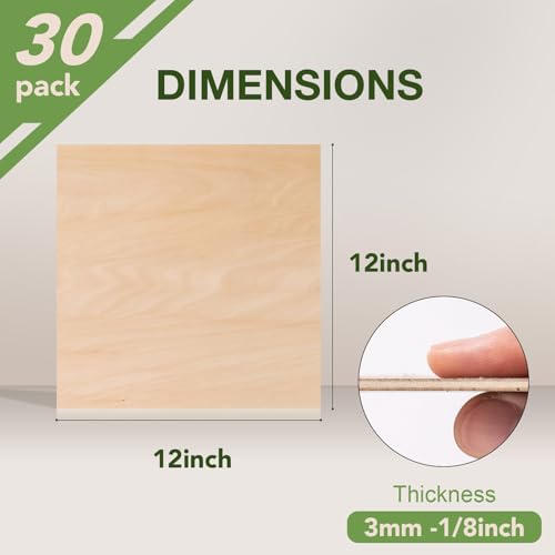 30 Pack Basswood Sheets, 12 x 12 x 1/8 Inch-A/A Grade, 3mm Plywood for Laser Cutting and Engraving, Thin Unfinished Wood Sheets Blanks for Architectural Models and DIY Wood Crafts - color: Basswood 30-Pack, size: 1/8" x 12" x 12"