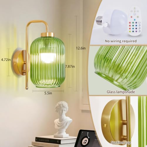 Wireless Rechargeable Battery Operated Wall Sconce with Glass Lampshade - color: Gold-Green Shade