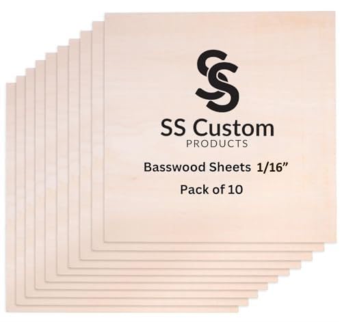 Basswood Sheets for Crafts - 10 Pack - 12 x 12 x 1/16 Inch - 1.5mm Thick Plywood Sheets with Smooth Surfaces - Bass Wood for Laser Cutting, Wood Burning, Architectural Models, Staining, Drawing - color: Basswood Pack of 10