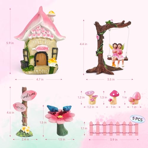DONABELA Fairy Garden Decor Kit Pink Resin Miniature House Figurines Set Swing Directional Sign Bird Drinking Pool Fence Little Mushroom Outdoor Tiny Accessories Supplies - style: Petal house