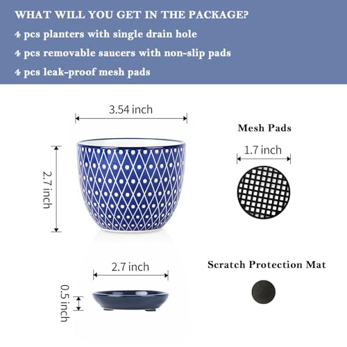Selamica Ceramic Succulent Pots with Drainage Holes, Small Flower Pots 3.5 Inch Plant Pots for Indoor Plants with Saucers, Cactus Succulent, Home Decor, Set of 4, Vintage Blue - color: Vintage Blue, size: 3.5 Inch, Set of 4
