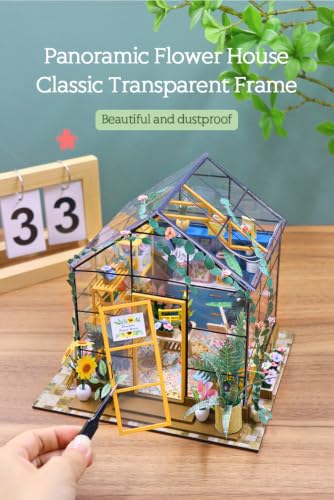 338 PCS DIY Miniature Flower House Kit with LED Light, Greenhouse Dollhouse Building Model, Botanical Craft Kit for Adults and Teens