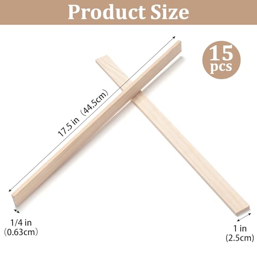 Wooden Dowels for Crafts, Wood Strips Trim Wood Slats Planks for Wall 1/4" × 1" × 17.5", 15 PCS Dowel Rods Wooden Sticks for Crafts, Unfinished Hardwood Sticks Flat Lumber Boards for Woodworking - size: 1/4x1x17.5 in - 15PCS