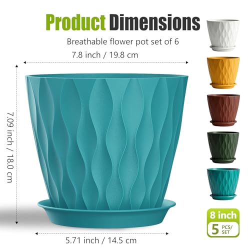 8 Inch Plastic Plant Pots,Set of 5 Flower Pots,Planters with Drainage Holes & Saucers, Indoor Outdoor Garden Pots for Home Decor(Colorful) - color: Colorful