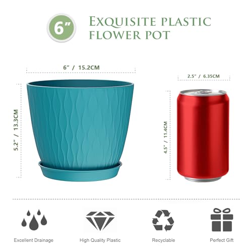 WSMKSZ 6 inch Plant Pots, 5 Pack Flower Pots with Drainage Holes and Saucers for Indoor Plants, Plastic Planters with Water Ripple for Small Garden House Plants, Nursery Pots for Succulent, Blue Green - color: Blue-green, size: 6inch 5pcs