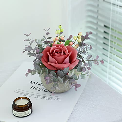 Small Artificial Pink Rose Potted Plant, Mini Faux Floral Decor - color: Pink