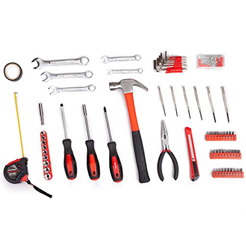 CARTMAN 148-Piece Household Tool Set, Red Tool Kit with Plastic Toolbox - color: Red