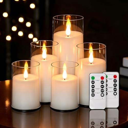 NICEME Acrylic Flickering Flameless Candles with Remote Timer, 5pcs Ivory Unbreakable Acrylic Battery Operated LED Candles with Flickering Flame for Romantic Ambience Home Decor, D3” xH4” 4” 5” 5” 6” - color: Ivory + Clear Acrylic, size: D 3”×H 4”4”5”5”6”