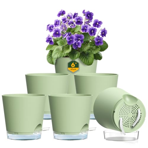 Meowell 6 inch Self Watering Pots for Indoor Outdoor Plants, 6 Pack Flower Plant Pots with Drainage Holes and Clear Reservoirs, Visible Water Level, Plastic Planters with Wicking Rope, Green - color: Green, size: 6in 6pcs