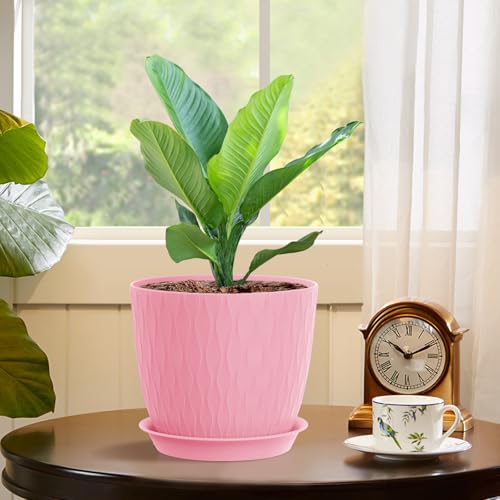 WSMKSZ 7 inch Plant Pots, 5 Pack Flower Pots with Drainage Holes and Saucers for Indoor Plants, Plastic Planters with Water Ripple for Small Garden House Plants, Nursery Pots for Succulent, Colorful - color: Colorful, size: 7inch 5pcs