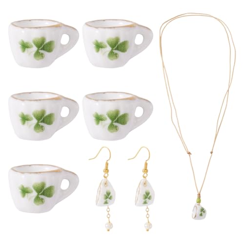 5Pcs Clover Pattern Handmade Porcelain Mini Teacup White Miniature Ceramics Tea Cups Cute Tiny Drink Beverage Dollhouse Kitchen Accessories for Necklaces Keychain Earring Jewelry Making - color: White With Clover