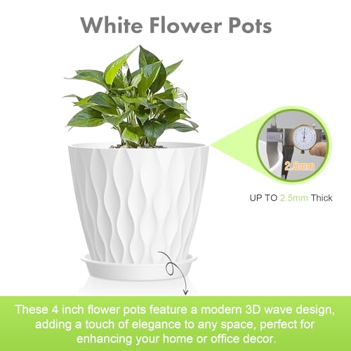 Meowell 4 inch Small Plastic Nursery Pots, 5 Pack Water Ripples Plant Pots for Indoor Plants, Flower Pots with Drainage Holes and Saucers, Seedling Starter Planters for Succulent Plants, White - color: White, size: 4 inch 5 pieces