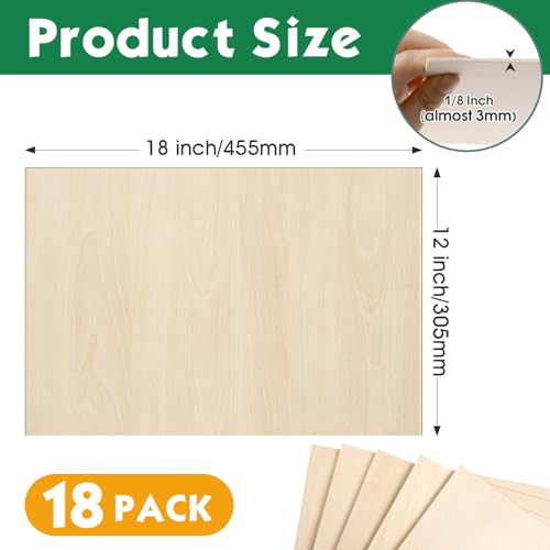 18 Pack Basswood Sheets12x18x1/8 Inch, Unfinished Wood for Crafts, 3mm Basswood for Laser Cutting & Engraving, Wood Burining,Architectural Models, Wood Board for Painting. - size: 18P12x18x1/8in