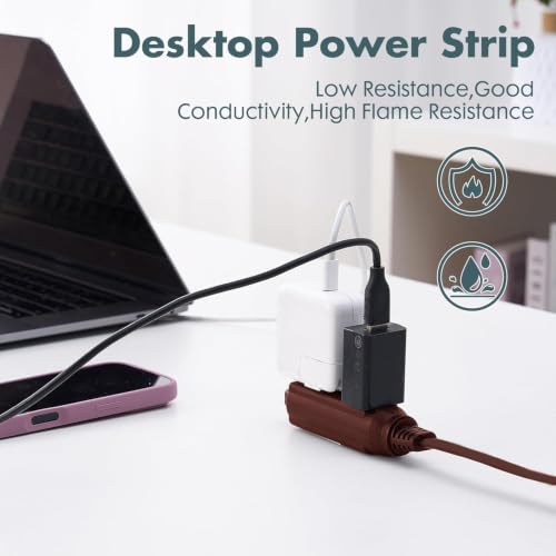 1 Ft Brown Flat Plug Extension Cord with 3 Outlets, 16 Gauge Heavy Duty - color: Brown, size: 1 FT