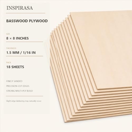 Basswood Plywood Sheets, 8 x 8 in, 1.5 mm, 18 Pack - size: 8 x 8 x 1/16 Inch