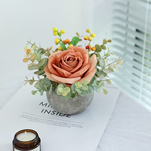 Small Artificial Orange Rose Potted Plant, Mini Faux Floral Decor - color: Orange