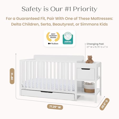 Delta Children Maya 5-in-1 Convertible Crib and Changer with Storage, Converts to Toddler Bed, Daybed, Sofa & Full Bed, Greenguard Gold Certified, 3 Mattress Heights for Baby, Bianca White - color: Bianca White