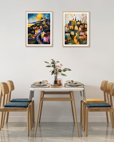 HesenDot Night Village Framed Wall Art,12x16in Natural OAK Wood - color: Framed Klimt Village Night