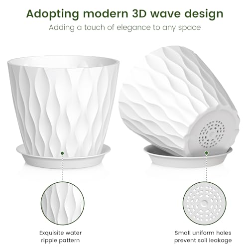 Meowell 7 inch Plant Pots for Indoor Outdoor Plants, 5 Pack Thick Nursery Pots with Drainage Holes and Saucers, 3D Modern Wave Texture Plastic Planter Pots for Flowers and House Plants, White - color: White, size: 7 inch 5 pieces