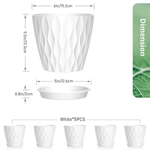 Meowell 6 inch Flower Pots, 5 Pack Plant Pots for Indoor Outdoor Plants, Water Ripples Plastic Planters with Drainage Holes and Saucers, Nursery Pots for Small Succulent Garden House Plants, White - color: White, size: 6 inch 5 pieces