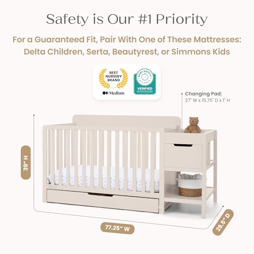 Delta Children Maya 5-in-1 Convertible Crib and Changer with Storage, Converts to Toddler Bed, Daybed, Sofa & Full Bed, Greenguard Gold Certified, 3 Mattress Heights for Baby, Soft Beige - color: Soft Beige