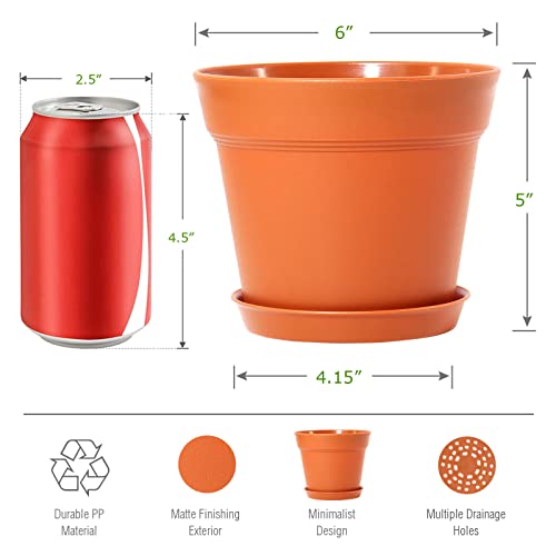 WOUSIWER 16 Pack 6 inch Plastic Planters, Plastic Indoor Planter Flower Pots, Heavy Duty and Stylish 6 Inch Plant Pots for Indoor Plants with Drainage Holes and Tray for Plants, Flowers, Terracotta - color: Red