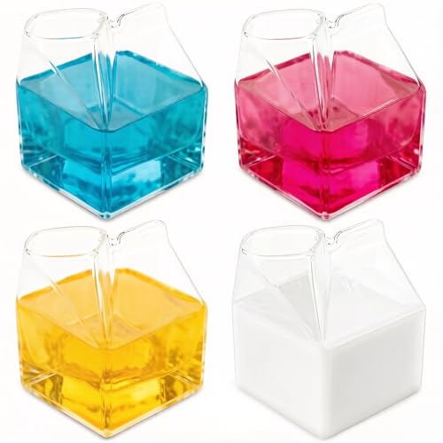 WUWEOT 4 Pack Glass Milk Carton, Clear Square Cocktail Glasses, Mini Cup Creamer Pitcher Coffee Box for Milk, Coffee, Water, Juice, Beverages, Heat Resistant, 12OZ/350ml