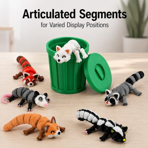 3D-Printed Woodland Animal Figurines, 8-Piece Articulated Raccoon, Fox, Skunk, Opossum, Red Panda and Arctic Fox Set with Green Trash Can - color: Green
