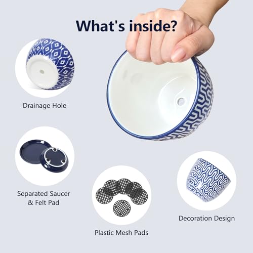 Selamica Ceramic Succulent Pots, 3.5 Inch Small Plant Pots for Indoor Plants Cactus Herbs, Succulent Planters with Drainage Holes & Saucers, Home Decor, Set of 6, Vintage Blue - color: Vintage Blue, size: 3.5 Inch, Set of 6