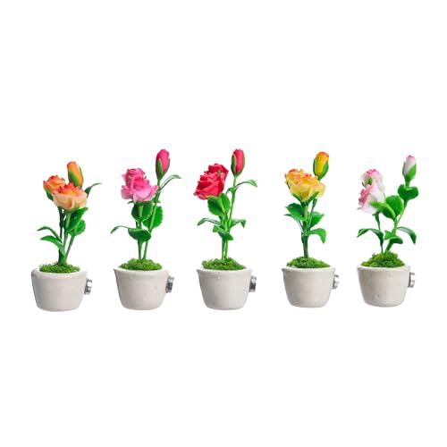 5 Miniature Roses Fridge Tiny Magnets Flower Clay Pots Collection Set Ceramic Plants Scale 1:12 For Gifts Home Office Kitchen Decoration