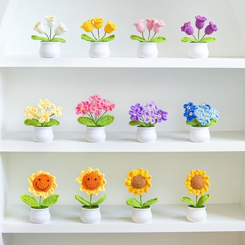 Crochet Flowers Cute Potted Flower, Handmade Knitting Myosotis Flower - color: Dark Purple