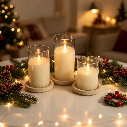 NICEME Clear Glass Flameless Candles Battery Operated with Remote Timer, Real Wax LED Pillar Candles with Flickering Flame Pure White Radiance Evanescing Fake Candles for Wedding Home Decor, Set of 3 - color: White + Clear Glass, size: D 3”×H 4”5”6”