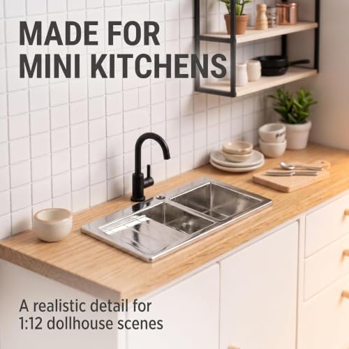 1Pcs Silver 1/12 Realistic Wash Basin Kitchen Double Sink Furniture Accessory for Dolls House,Model Role Play Miniature Size Toy Eco-Friendly,Dollhouse Accessory，Dollhouse Furniture