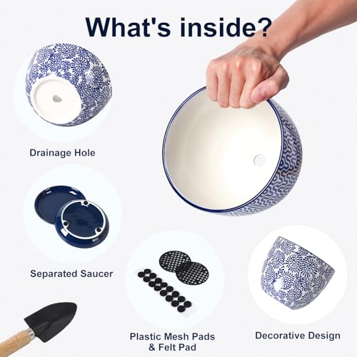 Selamica Ceramica Plant Pots, 6.5 Inch Flower Pots Set of 2 with Drainage Holes & Saucer, Planters for Indoor Plants, Home Decor, Vintage Blue - color: Vintage Blue, size: 6.5 Inch, Set of 2